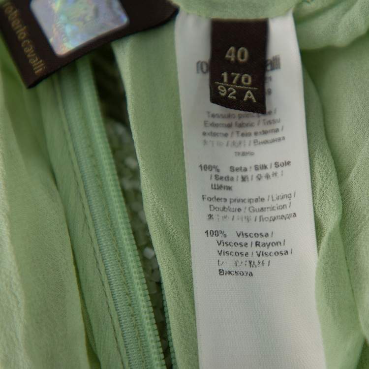 Pre Owned Roberto Cavalli Pastel Green Bead Embellished Silk Plunge Neck Mini Dress S