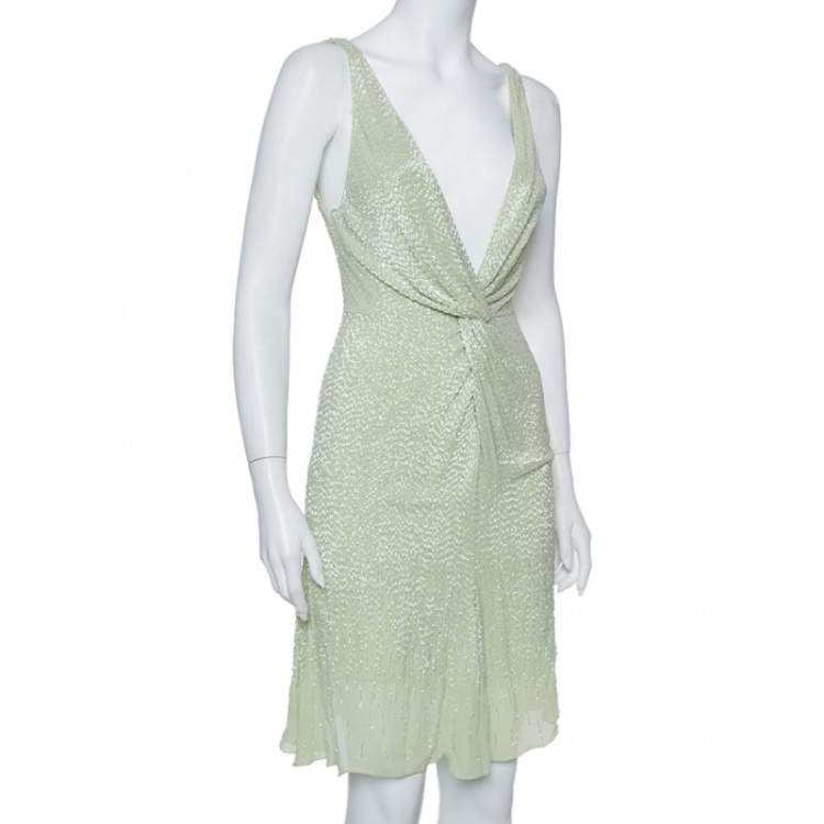 Pre Owned Roberto Cavalli Pastel Green Bead Embellished Silk Plunge Neck Mini Dress S