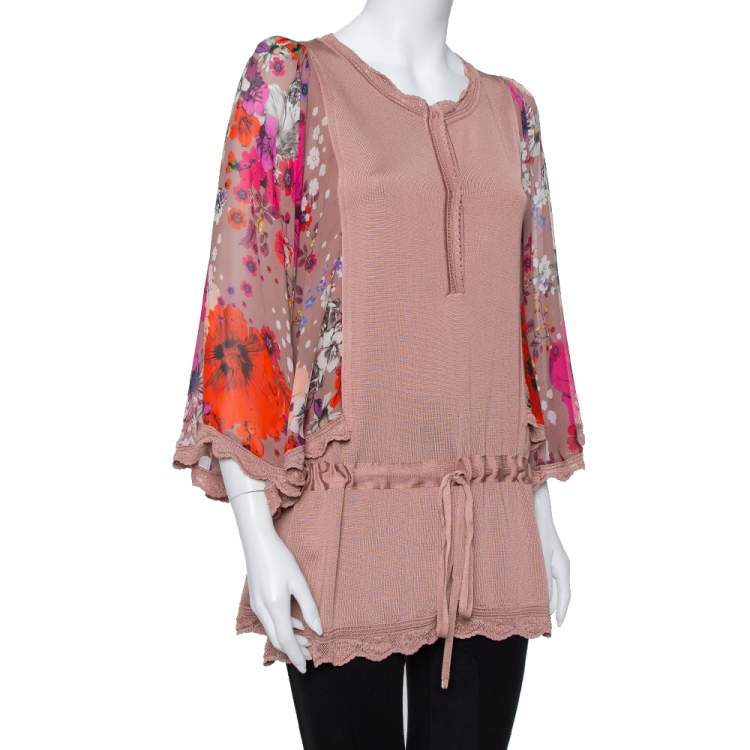Pre Owned Roberto Cavalli Blush Pink Wool Floral Print Sleeve Detail Drop Waist Tunic S 