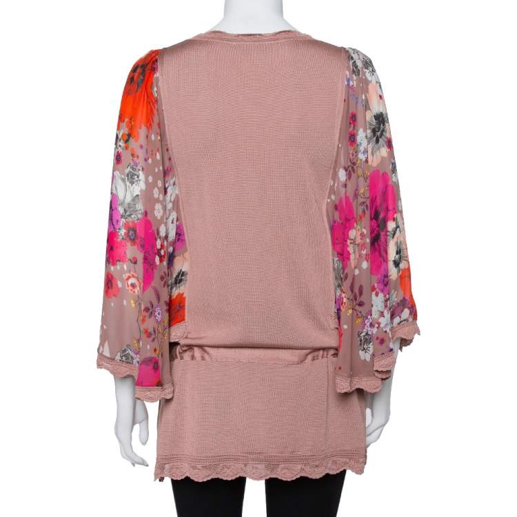 Pre Owned Roberto Cavalli Blush Pink Wool Floral Print Sleeve Detail Drop Waist Tunic S 