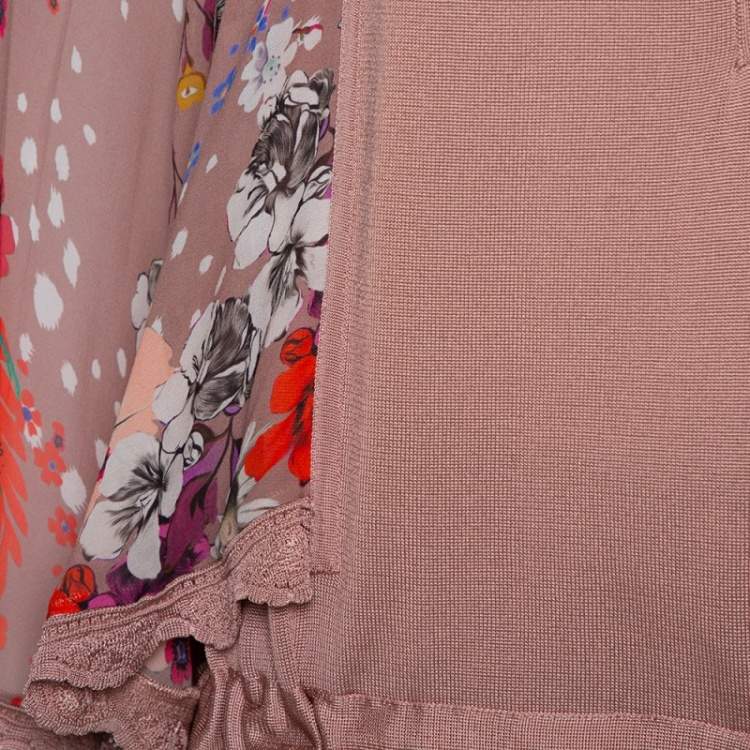 Pre Owned Roberto Cavalli Blush Pink Wool Floral Print Sleeve Detail Drop Waist Tunic S 