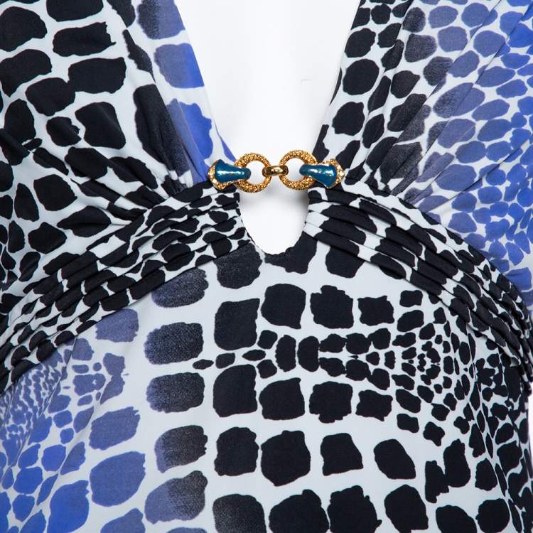 Pre Owned Roberto Cavalli Blue & Black Knit Animal Print Plunge Neck Top M