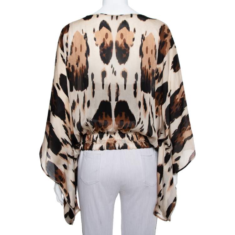 Pre Owned Roberto Cavalli Beige Animal Print Elasticized Waist Kaftan Top S