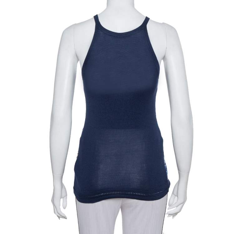 Pre Owned Roberto Cavalli Navy Blue & White Printed Knit Sleeveless Top S
