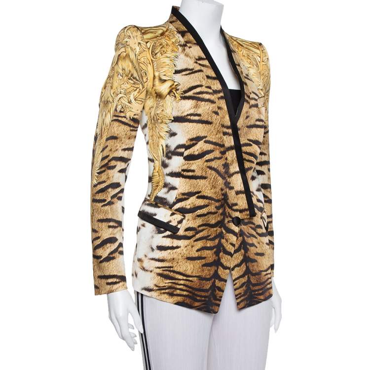 Pre Owned Roberto Cavalli Beige Animal Print Silk Tailored Blazer S