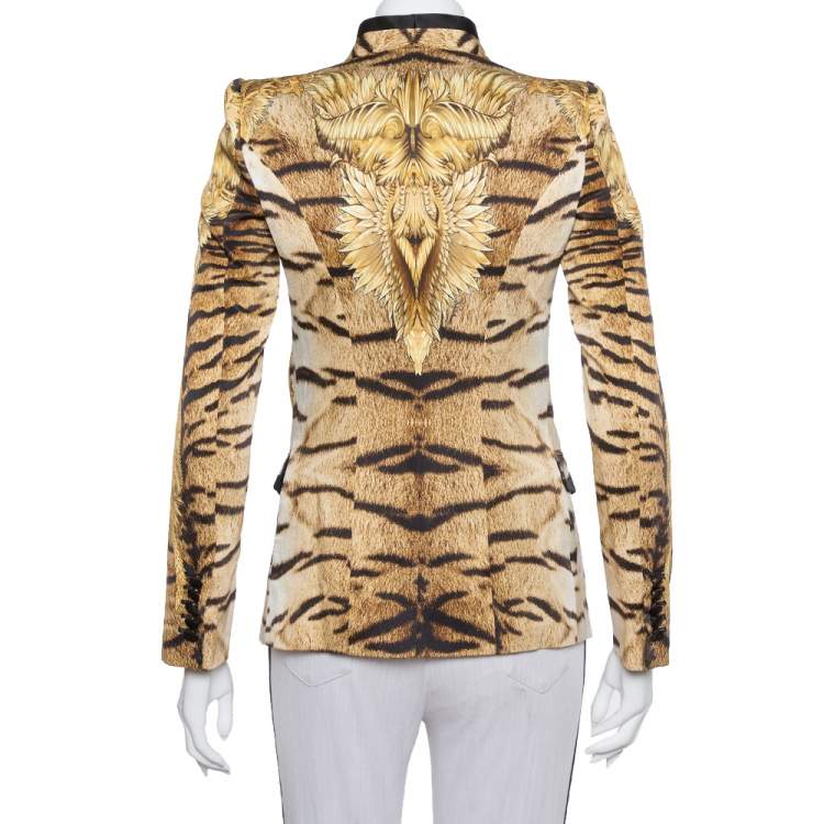 Pre Owned Roberto Cavalli Beige Animal Print Silk Tailored Blazer S
