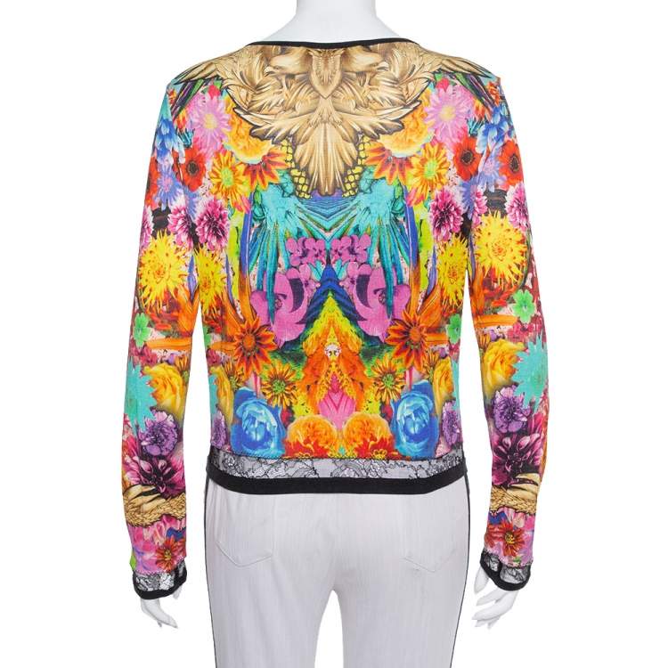 Pre Owned Roberto Cavalli Multicolor Floral Printed Silk Button Front Cardigan M