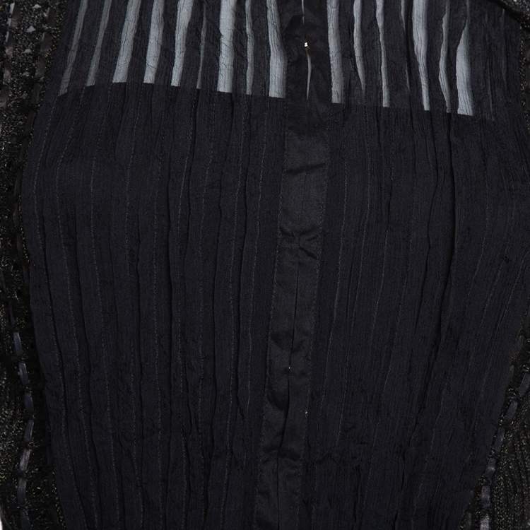 Pre Owned Roberto Cavalli Black Lurex Knit Pintuck Detail Sheer Top M