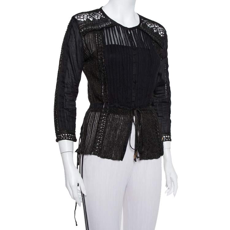 Pre Owned Roberto Cavalli Black Lurex Knit Pintuck Detail Sheer Top M