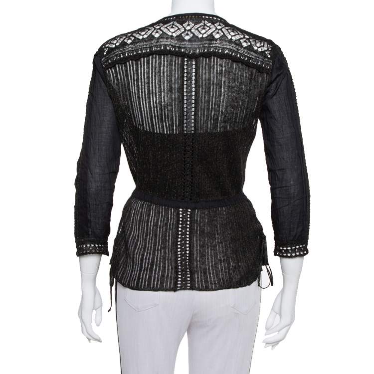 Pre Owned Roberto Cavalli Black Lurex Knit Pintuck Detail Sheer Top M
