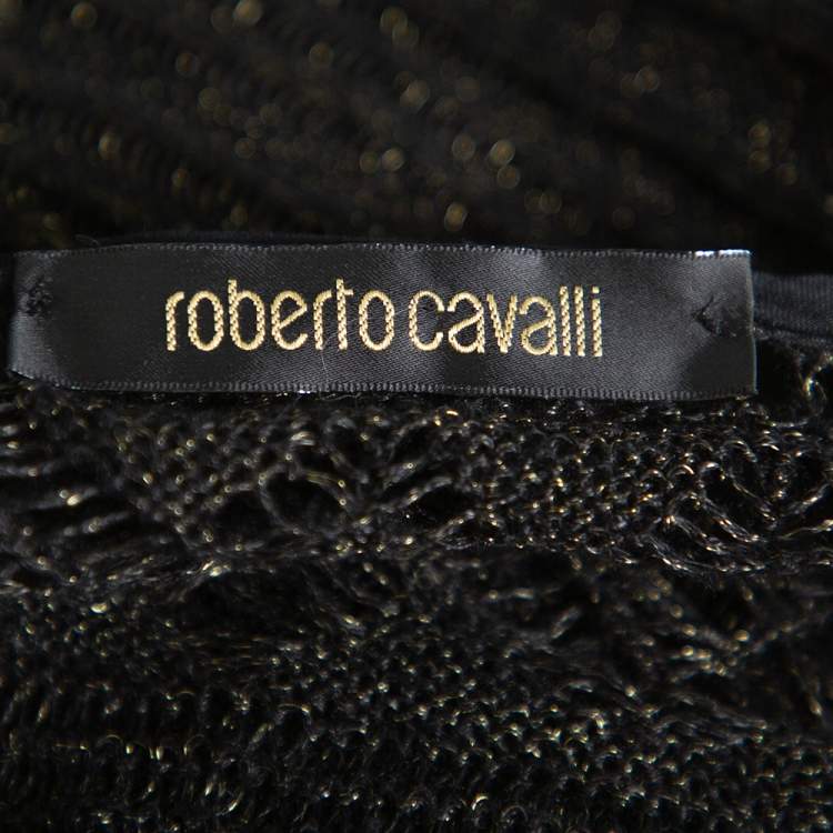Pre Owned Roberto Cavalli Black Lurex Knit Pintuck Detail Sheer Top M