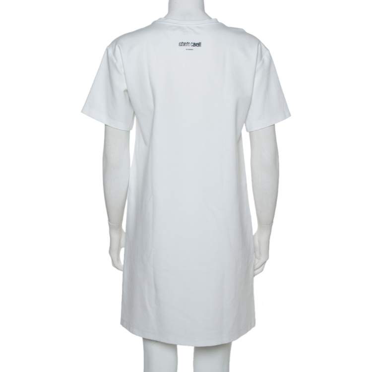 Pre Owned Roberto Cavalli White Firenze Printed T-Shirt Dress M