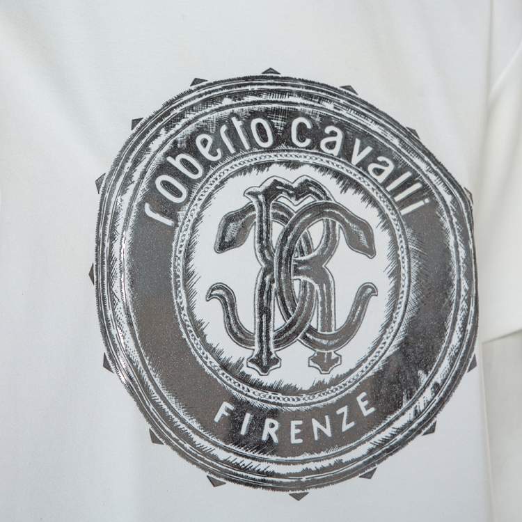 Pre Owned Roberto Cavalli White Firenze Printed T-Shirt Dress M