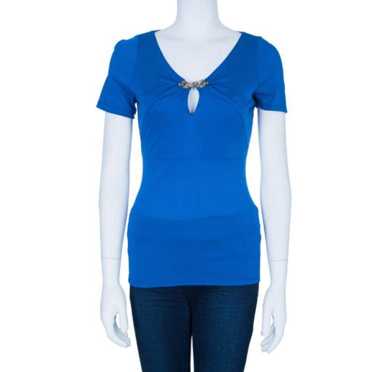 Pre Owned Roberto Cavalli Blue Stretch Jersey Top S