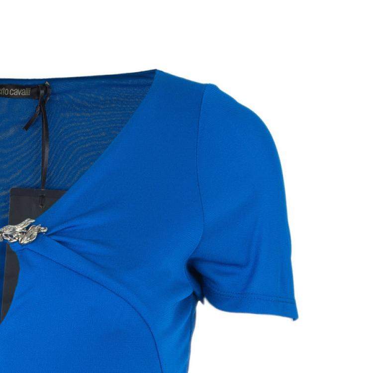 Pre Owned Roberto Cavalli Blue Stretch Jersey Top S