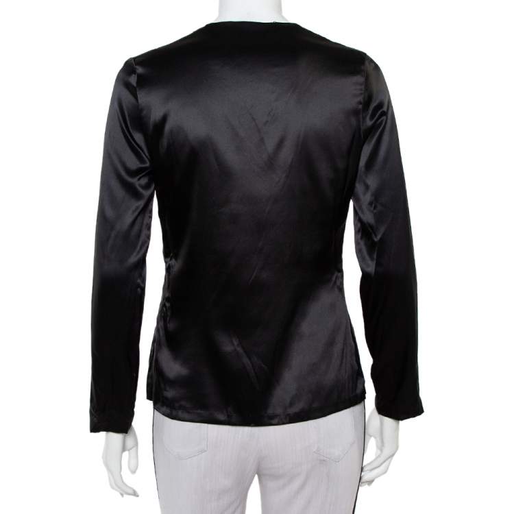 Pre Owned Roberto Cavalli Black Satin Ruche Detail Long Sleeve Top L