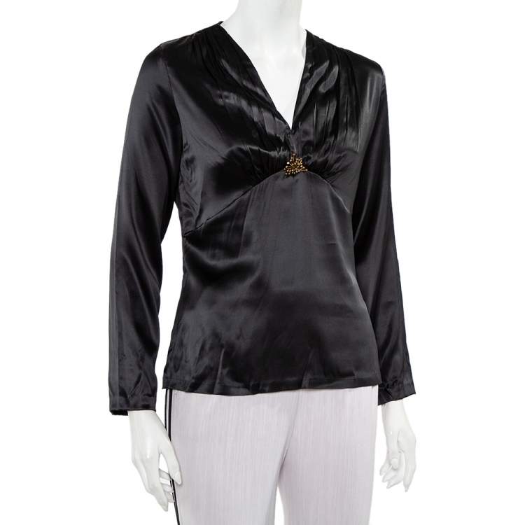 Pre Owned Roberto Cavalli Black Satin Ruche Detail Long Sleeve Top L