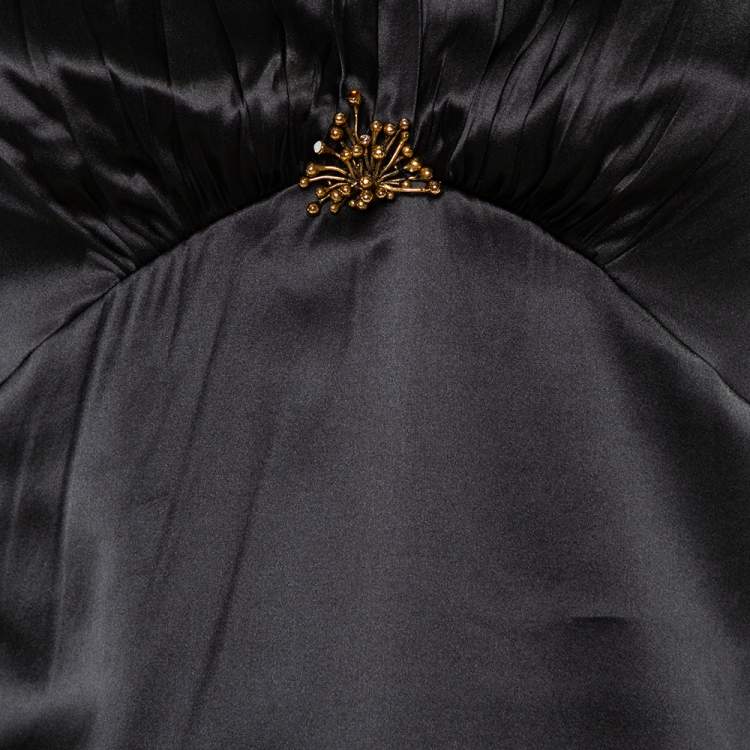 Pre Owned Roberto Cavalli Black Satin Ruche Detail Long Sleeve Top L