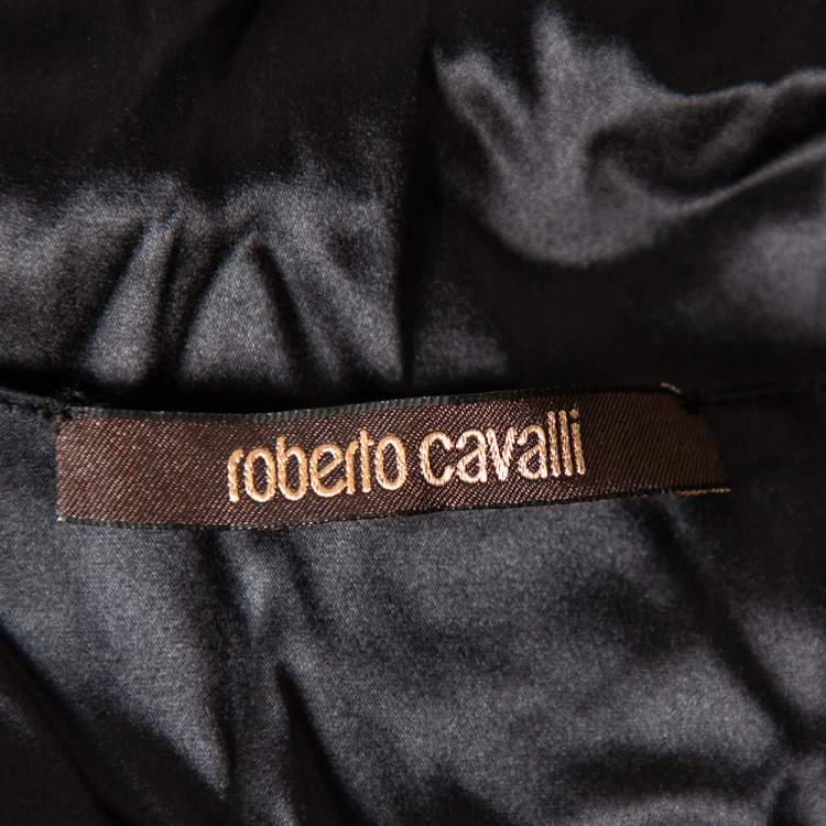 Pre Owned Roberto Cavalli Black Satin Ruche Detail Long Sleeve Top L