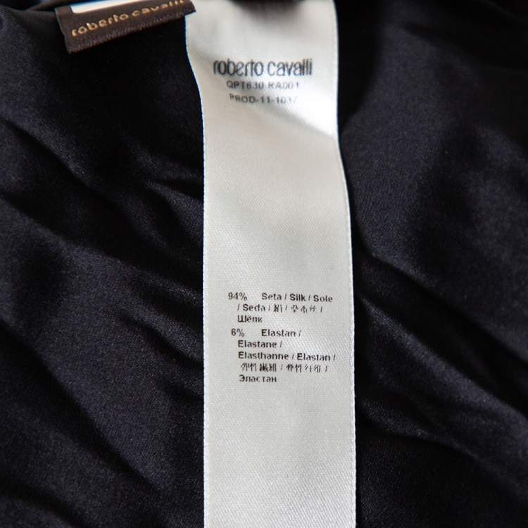 Pre Owned Roberto Cavalli Black Satin Ruche Detail Long Sleeve Top L