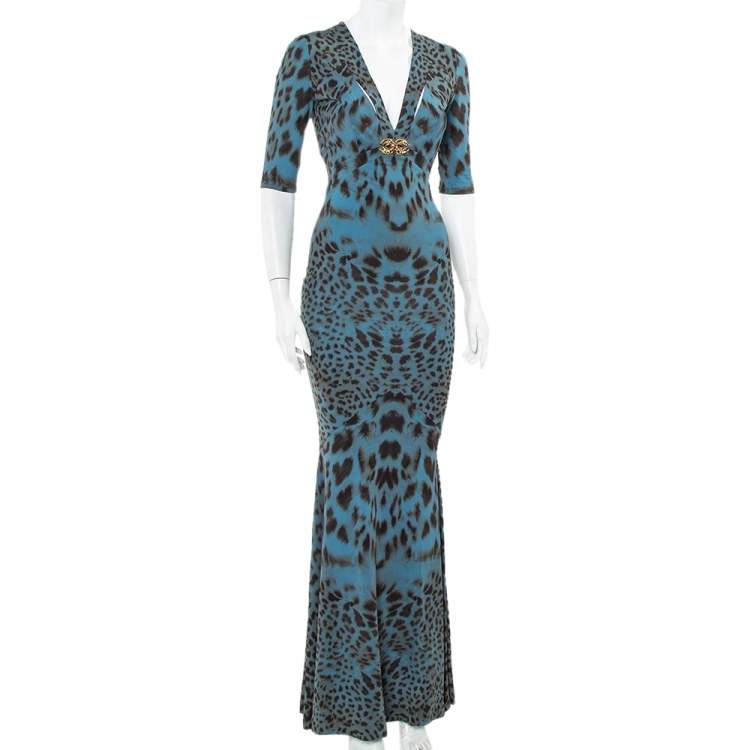 Pre Owned Roberto Cavalli Teal Blue Animal Printed Knit Plunge Neck Maxi Dress S