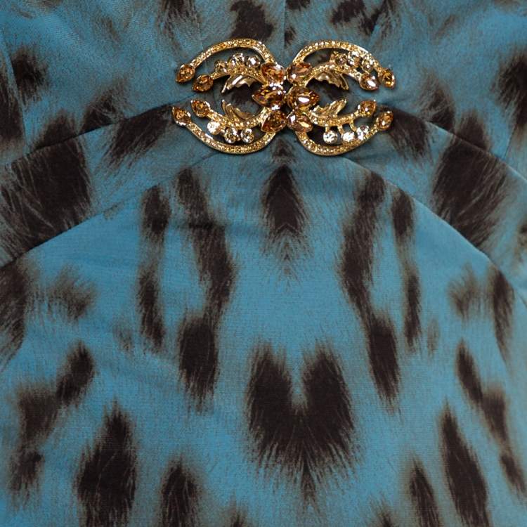 Pre Owned Roberto Cavalli Teal Blue Animal Printed Knit Plunge Neck Maxi Dress S