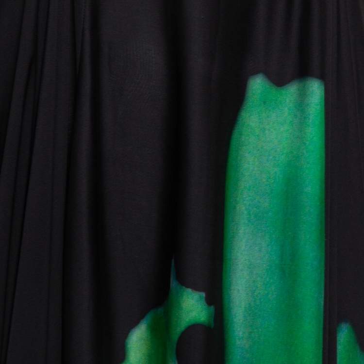 Pre Owned Roberto Cavalli Black and Green Printed Silk  One Shoulder Gown S