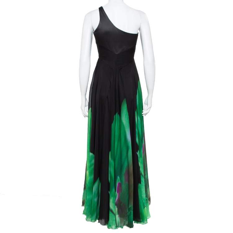 Pre Owned Roberto Cavalli Black and Green Printed Silk  One Shoulder Gown S