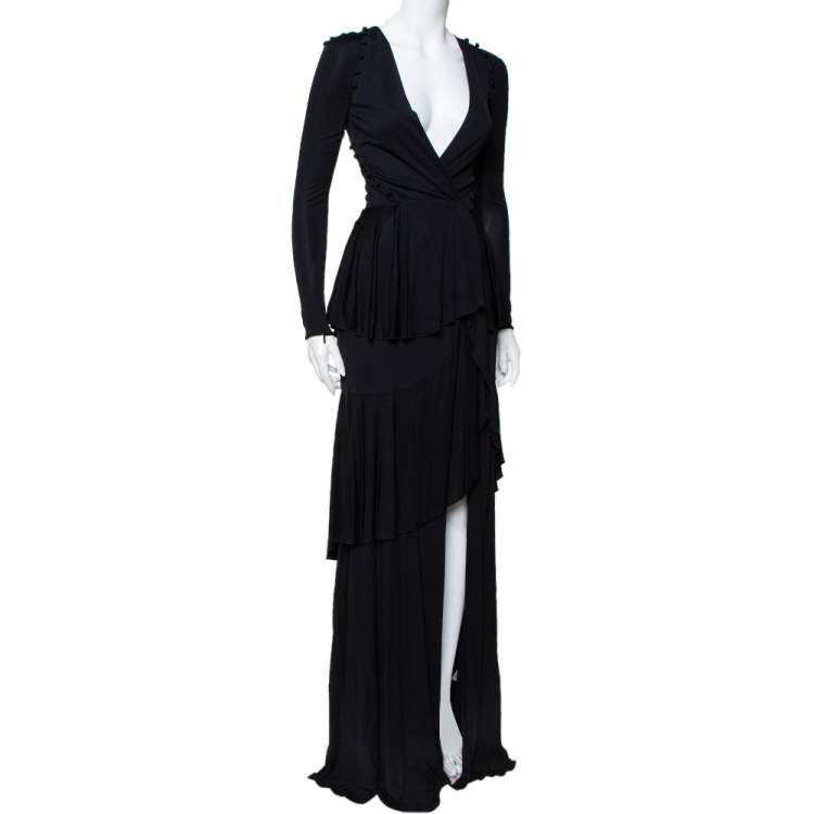 Pre Owned Roberto Cavalli Black Knit Ruffled Maxi Wrap Dress S