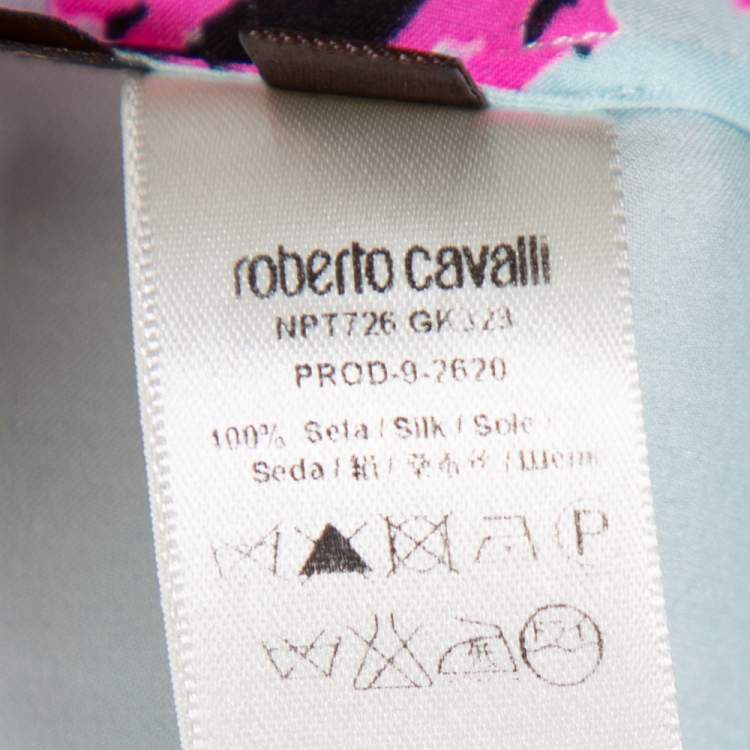 Pre Owned Roberto Cavalli Multicolor Abstract Printed Silk Ruffle Sleeve Blouse L