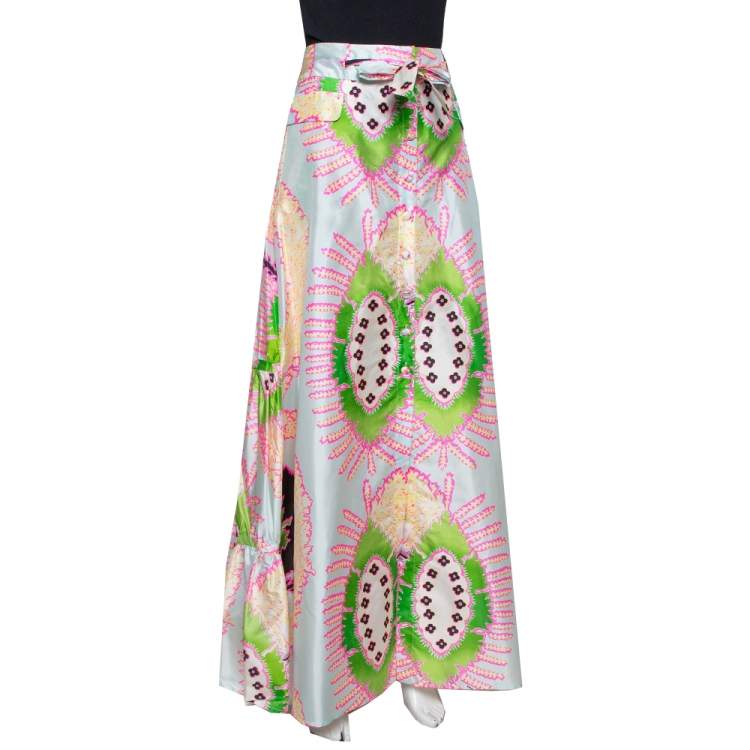 Pre Owned Roberto Cavalli Multicolor Abstract Printed Silk Ruffled Maxi Skirt M