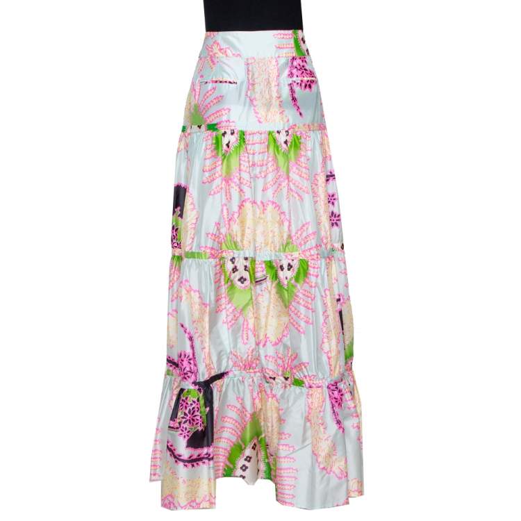 Pre Owned Roberto Cavalli Multicolor Abstract Printed Silk Ruffled Maxi Skirt M