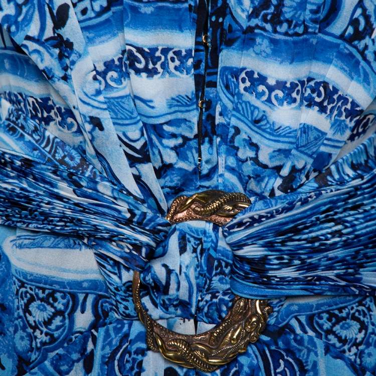 Pre Owned Roberto Cavalli Blue Printed Silk Belted Maxi Dress L
