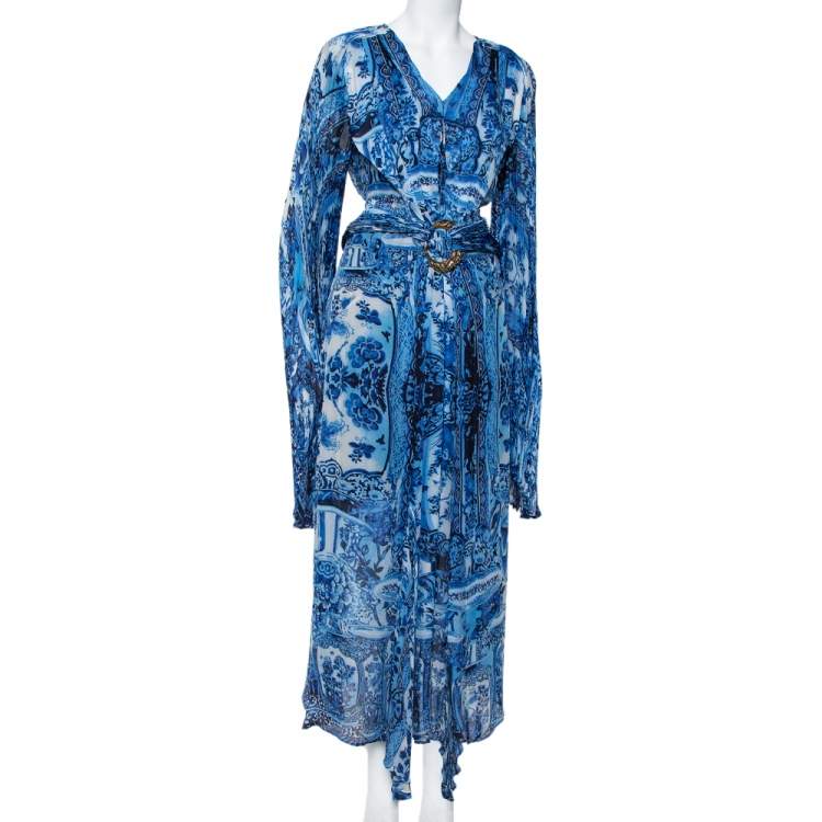 Pre Owned Roberto Cavalli Blue Printed Silk Belted Maxi Dress L