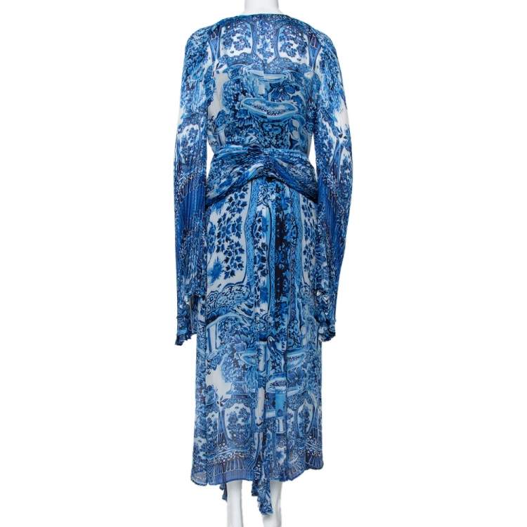 Pre Owned Roberto Cavalli Blue Printed Silk Belted Maxi Dress L