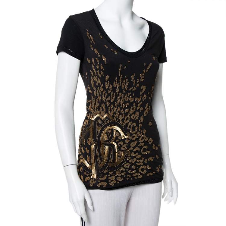 Pre Owned Roberto Cavalli Black Bead & Sequin Embellished Knit Scoop Neck Top S
