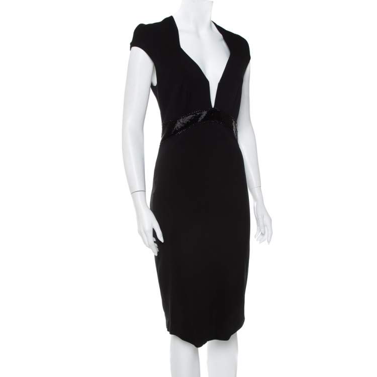 مملوكة مسبقًا Roberto Cavalli Black Knit Embellished Waist Detail Plunge Neck Sheath Dress M