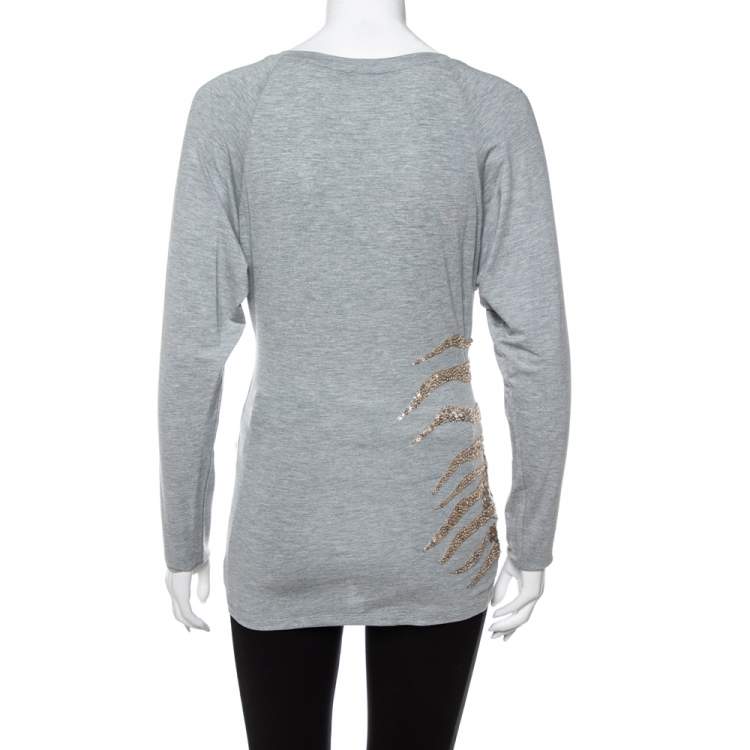 Pre Owned Roberto Cavalli Grey Sequin Embellished Modal Long Sleeve Scoop Neck Top S