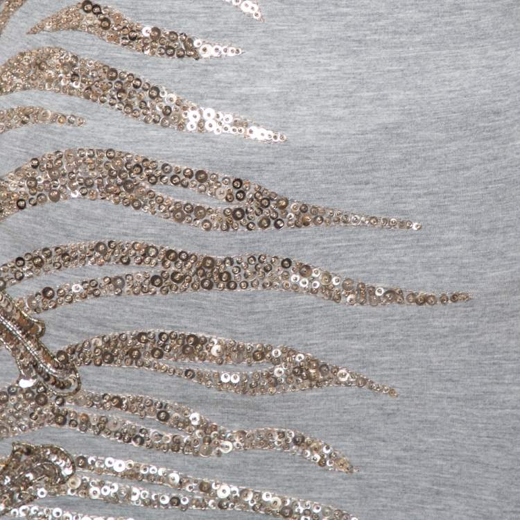 Pre Owned Roberto Cavalli Grey Sequin Embellished Modal Long Sleeve Scoop Neck Top S