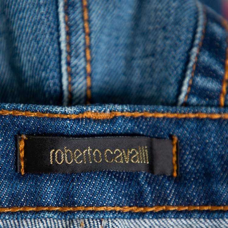 Pre Owned Roberto Cavalli Navy Blue Denim Distressed Wide Leg Jeans L