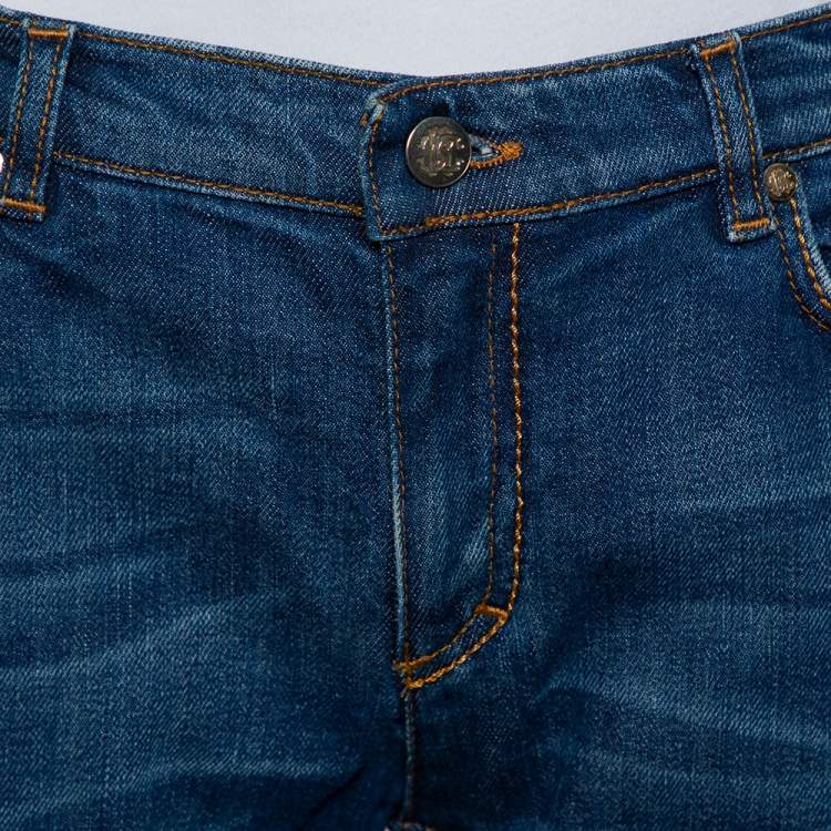 Pre Owned Roberto Cavalli Navy Blue Denim Distressed Wide Leg Jeans L