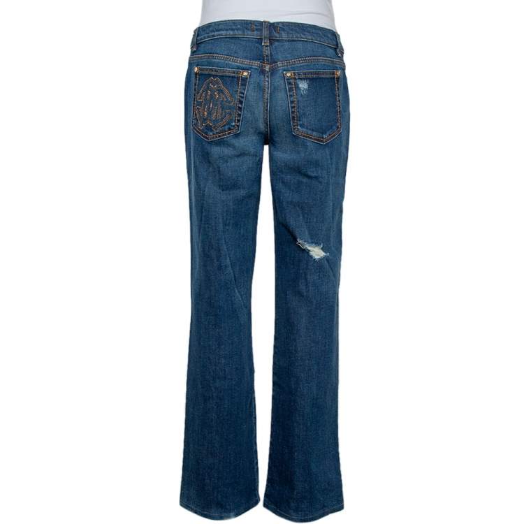 Pre Owned Roberto Cavalli Navy Blue Denim Distressed Wide Leg Jeans L
