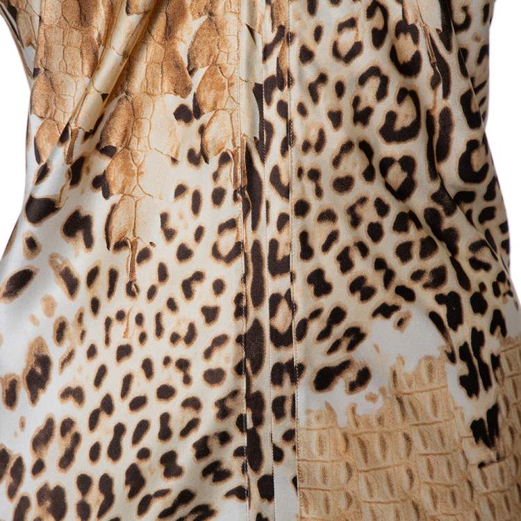 Pre Owned Roberto Cavalli Beige Animal Printed Silk Satin Halter Neck Maxi Dress M