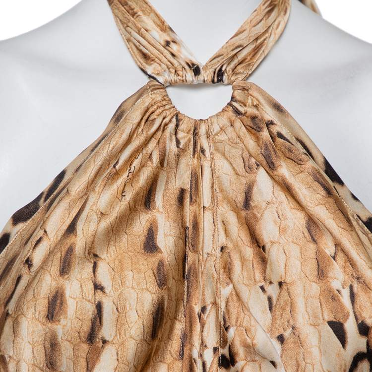 Pre Owned Roberto Cavalli Beige Animal Printed Silk Satin Halter Neck Maxi Dress M