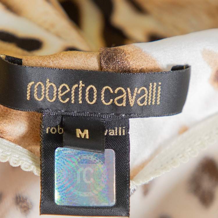 Pre Owned Roberto Cavalli Beige Animal Printed Silk Satin Halter Neck Maxi Dress M