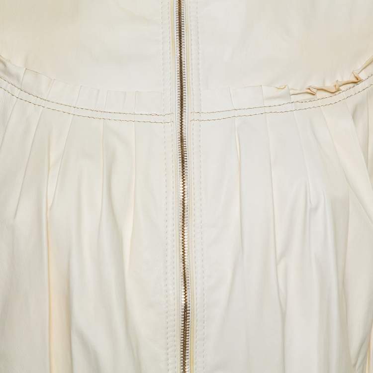 Pre Owned Roberto Cavalli Cream Leather Pleated Detail Zipper Front Jacket S