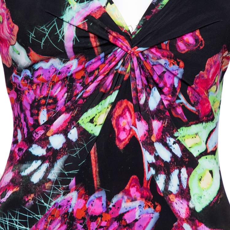 Pre Owned Roberto Cavalli Black Printed Knit Draped Neck Detail Maxi Dress S
