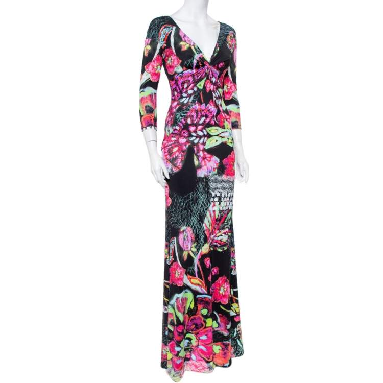 Pre Owned Roberto Cavalli Black Printed Knit Draped Neck Detail Maxi Dress S