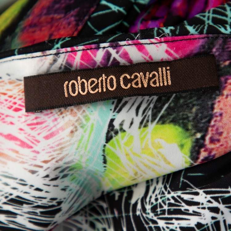 Pre Owned Roberto Cavalli Black Printed Knit Draped Neck Detail Maxi Dress S