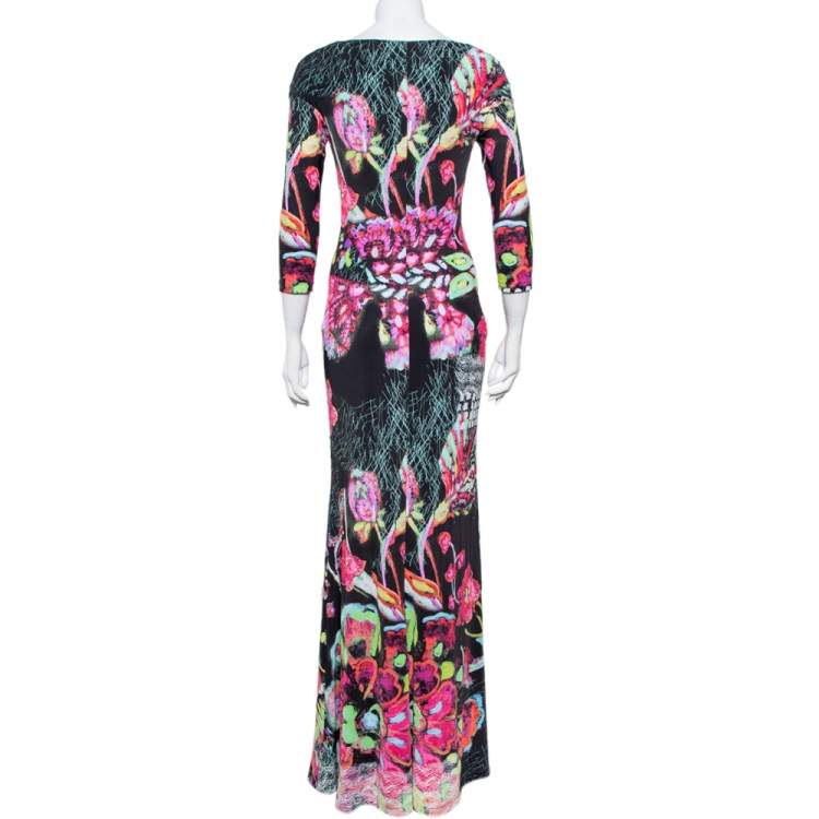 Pre Owned Roberto Cavalli Black Printed Knit Draped Neck Detail Maxi Dress S